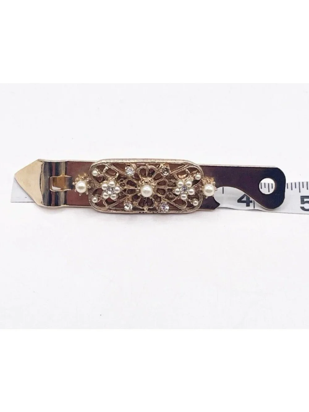 Vintage Vaughan USA Gold Tone Bottle Opener Faux Pearl Rhinestone Bar Tool MCM